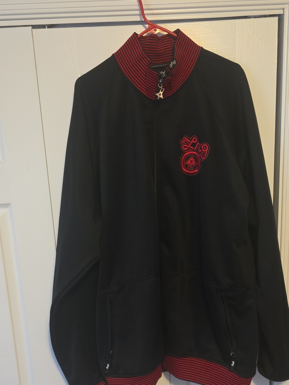 LRG Black Bomber Jacket with Red Trim and Embroidered Logo